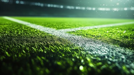 Close-up of green turf with white markings, showcasing a textured grass surface in a sports field setting