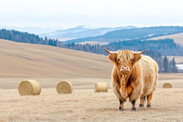 Obraz premium Highland cow in a tranquil rural landscape with hay bales and warm light