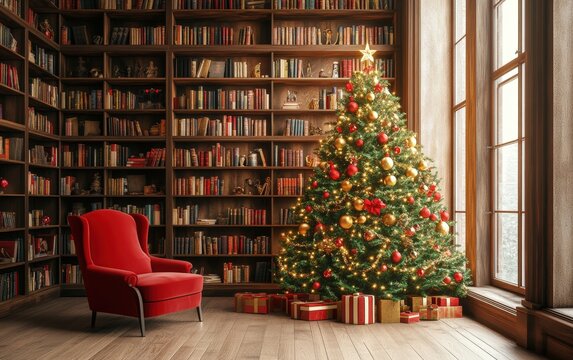 Library or Study Room A traditional Christmas tree with red and gold decorations, standing near a wall of bookshelves in a cozy modern library or study room - Powered by Adobe