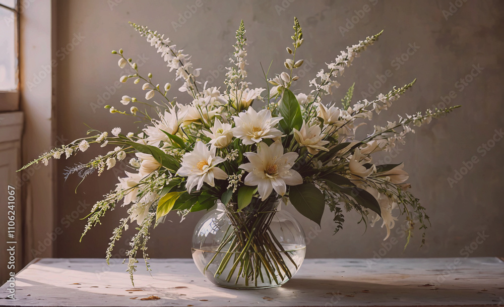 Aufkleber vase of white flowers sits on a table. the flowers are in a clear vase and are arranged in a way tha