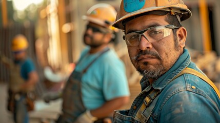 Fototapeta premium A construction worker in a hard hat and safety glasses with a blurred background Of Other workers On a construction site.