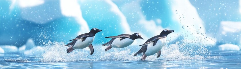 Obraz premium Three Penguins Leaping Through Water Splashes, Wildlife Photography, Antarctic Ocean, penguin, antarctica