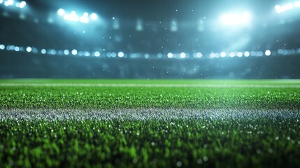 An abstract view of green turf with a white line, illuminated by soft stadium lights in the background