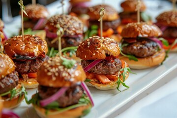 Delicious mini burgers served on a white tray, perfect for catering events