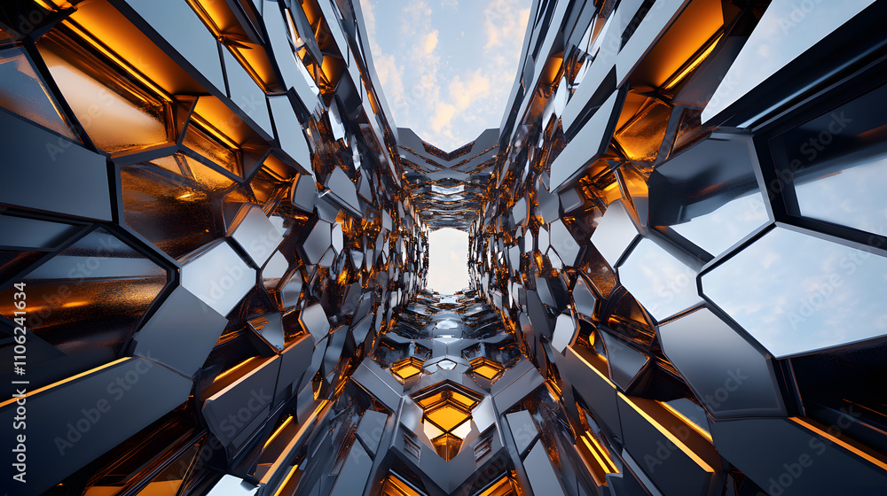 Poster a futuristic, honeycomb-patterned metallic tunnel illuminated with glowing orange lights, creating a