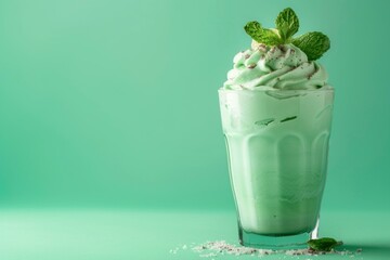 Refreshing mint chocolate chip milkshake on green background