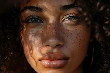 Close up portrait of young woman with freckles showing natural beauty and confidence