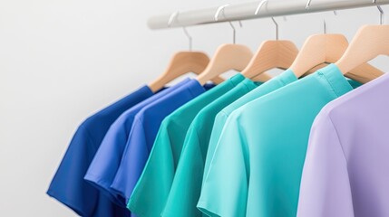 Stylish medical scrubs hanging elegantly in a contemporary setting enriched with vibrant hues of blue and turquoise