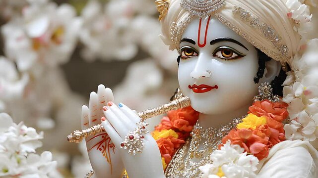 Close-up of a Krishna statue, adorned with flowers and jewelry, playing the flute.  The serene expression and intricate details are highlighted against a blurred background of white blossoms.