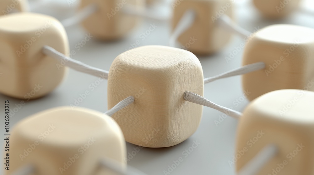 Poster smooth wooden cubes interconnected by white strings create a minimalist network, ai