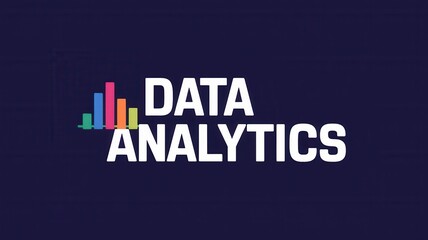 Fototapeta premium Modern Data Analytics Graphic: Colorful Bar Chart and Bold Text on Dark Background for Tech and Business Use