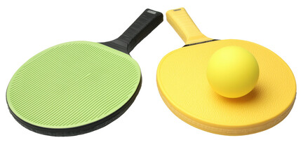 Rackets and yellow ping pong ball ready for play isolated on white transparent background