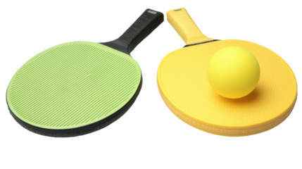 Rackets and yellow ping pong ball ready for play isolated on white transparent background