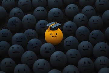 Many Balls with Sad Faces Surrounding a Happy Face Wearing a Graduation Hat, Representing a Mix of Emotions During a Celebratory Moment