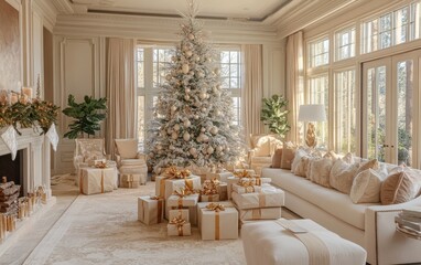 Neutral Haven A large neutral-toned living room with a frosted Christmas tree and gifts wrapped in beige and gold, creating a warm and welcoming vibe