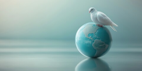 A white dove perched on a globe, symbolizing peace, unity, and global harmony in a serene setting