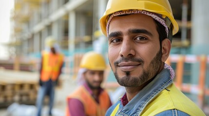 A construction worker in a yellow hard hat and vest stands in front Of a building under construction with 3 blurred background Of Other workers in the same attire.