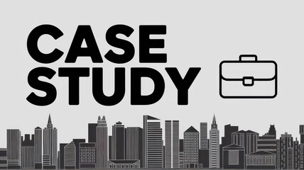 Fototapeta premium Modern Case Study Graphic: Black Text on Grey Background with City Skyline Illustration for Business Presentations