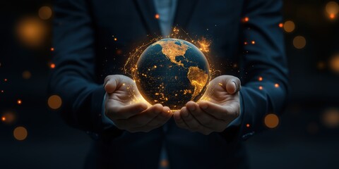 A radiant Earth in a sparkling hand, surrounded by golden light, symbolizing hope and global harmony