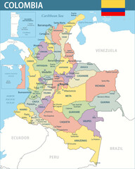 Fototapeta premium Colombia Map Vector New 2024 Colorful - Customizable layered political map of Colombia with administrative divisions for website, education, reports, news, politics, print, poster and wallpaper