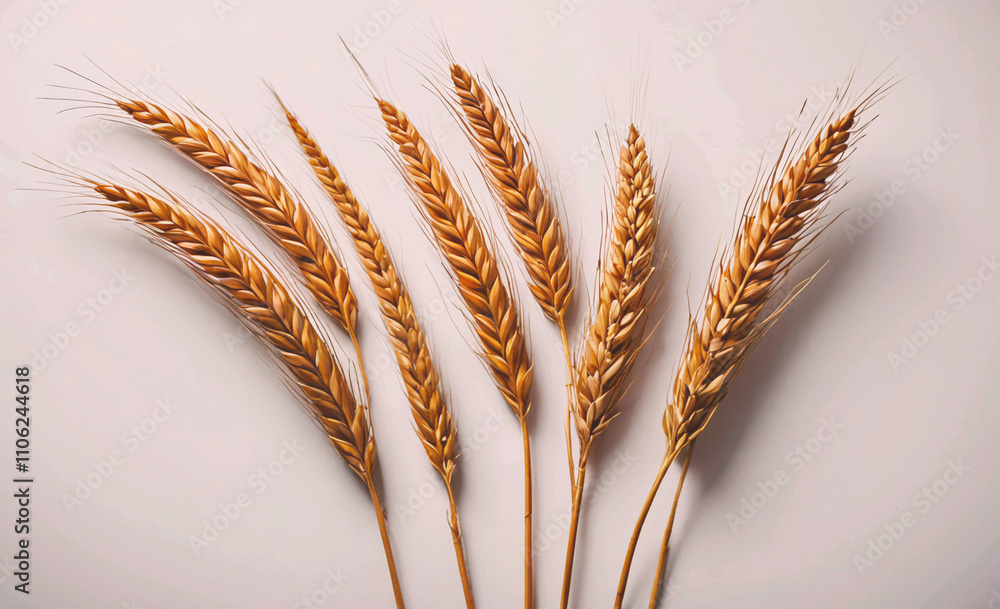 Poster bunch of golden wheat is arranged in a row, with each stalk standing upright. the wheat is of varyin