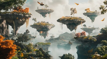 Floating Islands Landscape With Trees And Flying Creatures