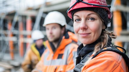A woman construction worker in a red hard hat and orange safety jacket stands in front Of a construction site with two Other workers in the background.