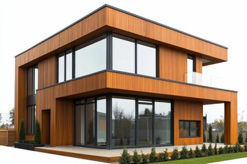 Fototapeta premium Modern wood-clad house, large windows, landscaped yard.