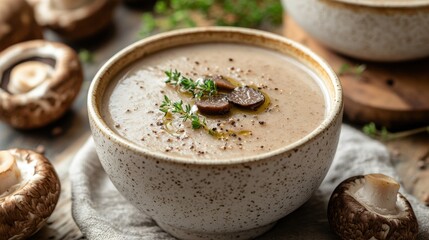 A steaming bowl of hearty dish filled with a flavorful mixture sits on a wooden table, garnished with fresh herbs. The inviting aroma hints at rich spices and comfort.