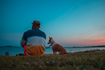 Hombre con su perra podenco pequeño observando una puesta de sol en el mar, creando una escena relajante de conexión y naturaleza.