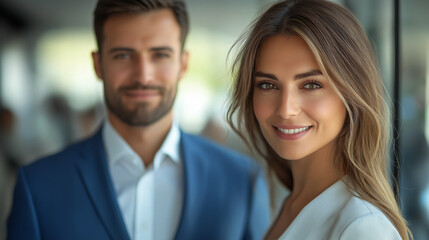 Obraz premium A businessman in a blue suit stands beside a smiling woman in a light-colored outfit, both in a blurred office environment