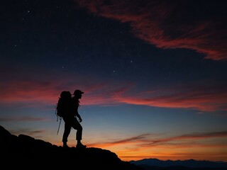 Hiker silhouette against a vibrant sunset and moonlit mountains.