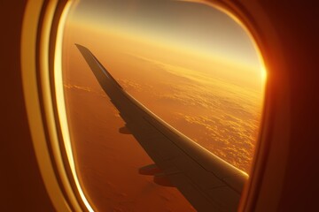 夕日の中、飛行機の窓から見る美しい景色と翼のシルエット