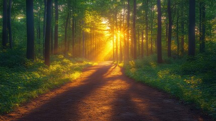 Obraz premium Serene Pathway Through Sunlit Forest with Dappled Light