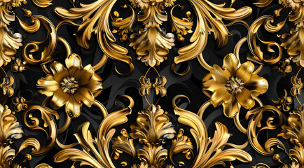 Exquisite gold baroque floral pattern on black background - luxurious ornate design