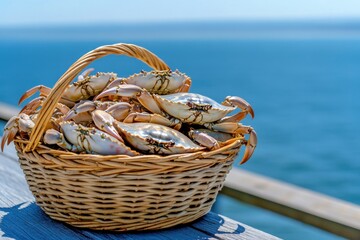 Freshly caught crabs and fish in a wicker basket on a dock with an ocean view