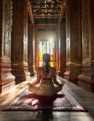 A serene and peaceful scene of a person meditating in a beautiful ancient temple surrounded by soft, natural light, evoking a sense of spiritual calm and introspection. The interior is filled with sac