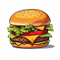 Colorful cartoon-style illustration of a cheeseburger with lettuce, tomato, and beef patty, showcasing vibrant colors on a white background.