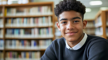 Young student study in the school library.  Student Learning, Studying for College Exams.