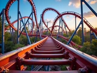 Thrilling, long and high red roller coaster track in a theme park