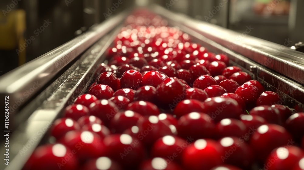 Poster bright red cherries move along a conveyor belt in a fruit processing facility, preparing for juice e