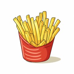 Colorful cartoon-style illustration of a red container filled with crispy golden French fries, set against a white background.