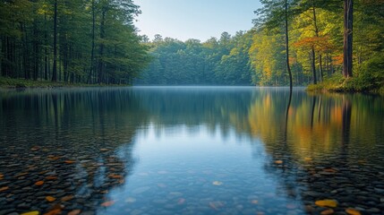 Obraz premium Serene Lake Surrounded by Trees with Clear Reflections and Calm Water