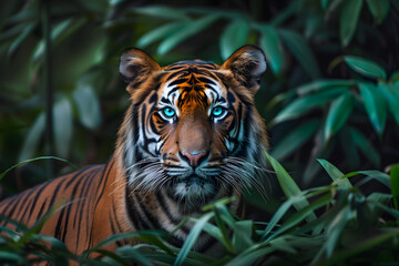 Obraz premium Majestic Display of a Tiger's Strength and Grace Amidst Dense Foliage