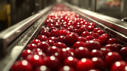 Bright red cherries move along a conveyor belt in a fruit processing facility, preparing for juice extraction. The bustling environment showcases the journey from harvest to production.