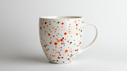 Colorful speckled ceramic mug on white background.