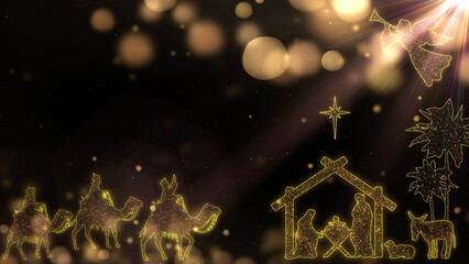 Bright Christmas scene with light particles and nativity characters, manger, three wise men and trees