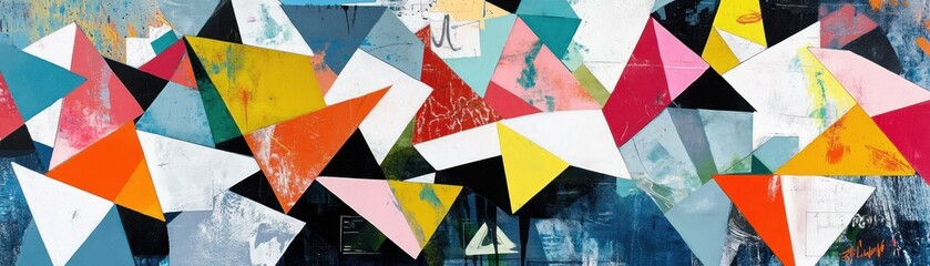 Abstract geometric artwork featuring vibrant colors and dynamic shapes.