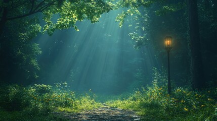Obraz premium Tranquil Forest Clearing Bathed in Sunlight with Soft Shadows