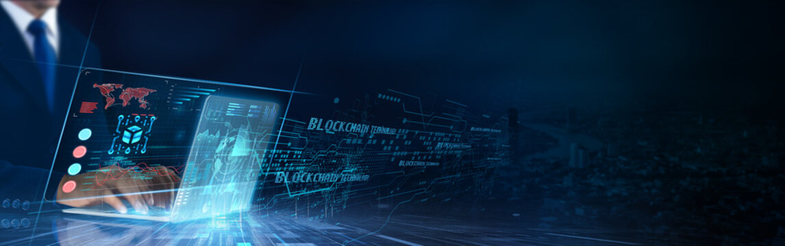 Blockchain Technology: Decentralization, security, transparency, smart contracts, cryptocurrency, distributed ledger. Businessman data analysis for performance optimization network. - Powered by Adobe